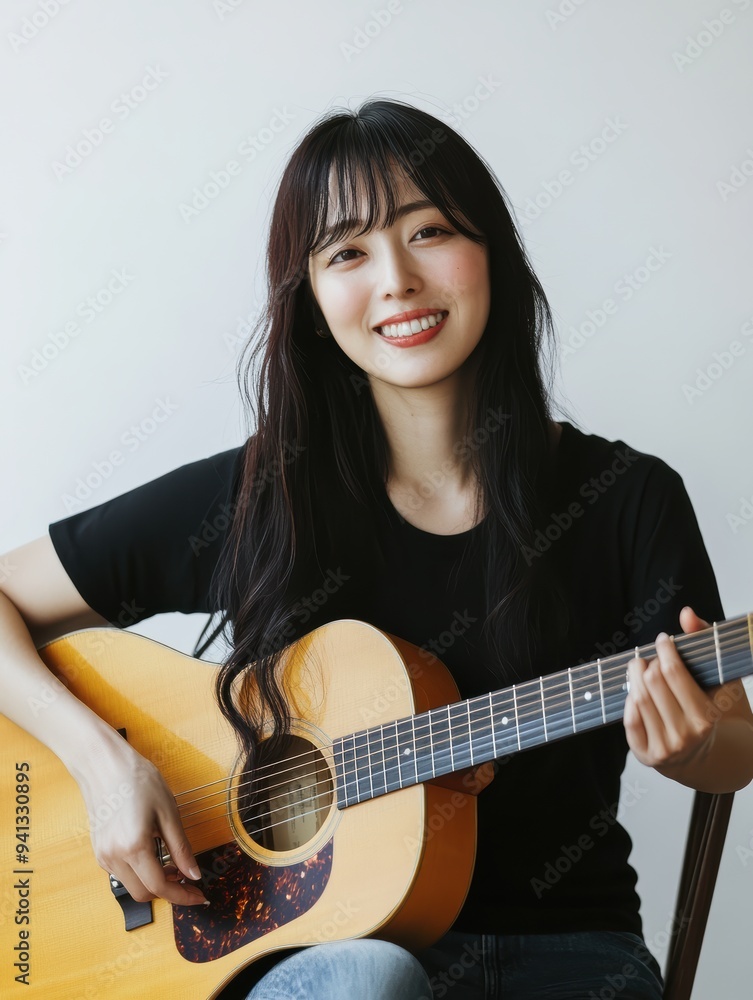 an Asian woman in a black t-shirt, smiling while playing the guitar, perfect for music video projects. The casual setting highlights her love for music and the joy of performing. an Asian woman in a black t-shirt, smiling while playing the guitar, perfect for music video projects. The casual setting highlights her love for music and the joy of performing.