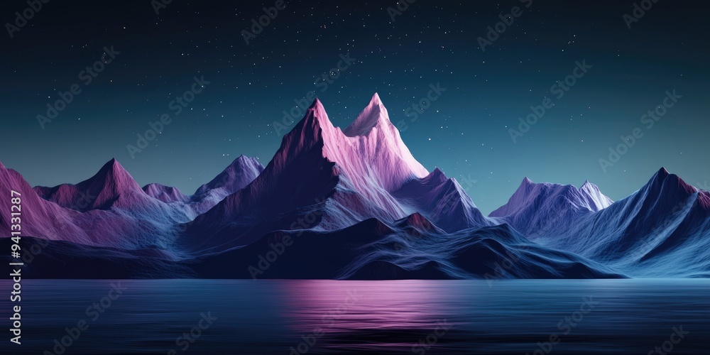 2D illustration featuring mountains at night in a 3D cartoon rendering style Digital art