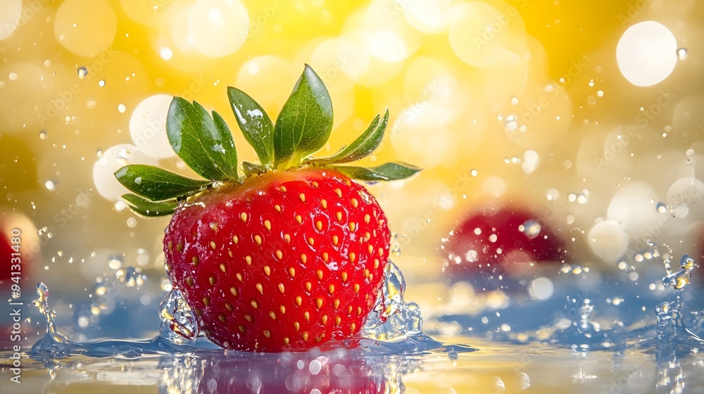 photograph of a single, juicy, shiny strawberry with green leaves and a vibrant strawberry in the foreground, surrounded by splashes of water. The apple photograph of a single, juicy, shiny strawberry with green leaves and a vibrant strawberry in the foreground, surrounded by splashes of water. The apple