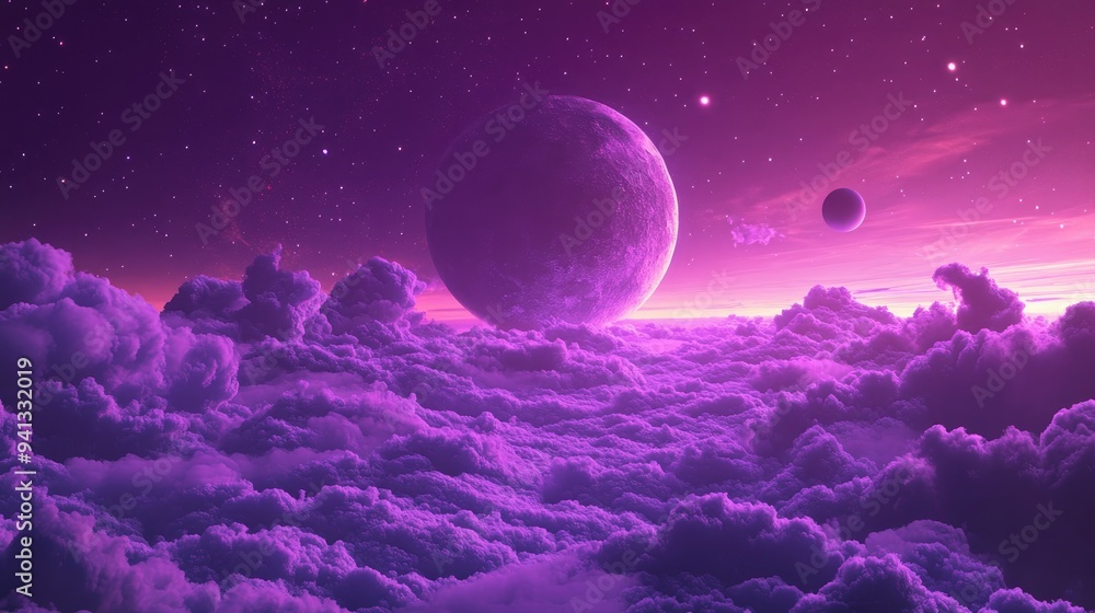 Purple skyscape illustration set in a cartoon space background with 3D rendering Purple skyscape illustration set in a cartoon space background with 3D rendering