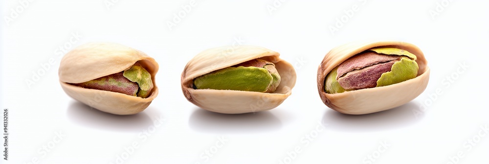 Three pistachio nuts in their shells, showcasing their vibrant green and purple colors. Three pistachio nuts in their shells, showcasing their vibrant green and purple colors.