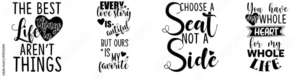 Naklejka premium Decorative Wedding Quotes, Typographic Emblems Bundle Vector Illustration for Mug Design, Postcard, Motion Graphics