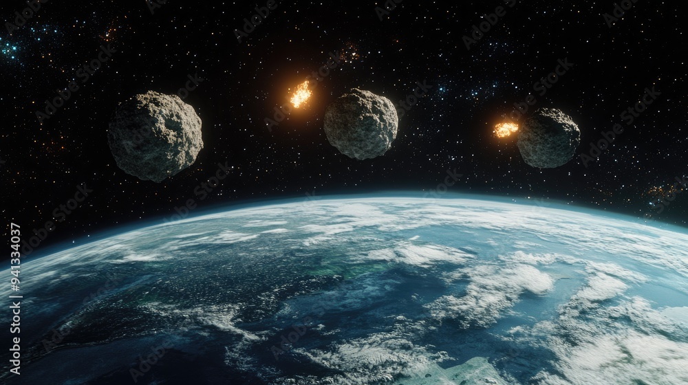 Three asteroids flying over Earth in 3D cartoon rendering Three asteroids flying over Earth in 3D cartoon rendering