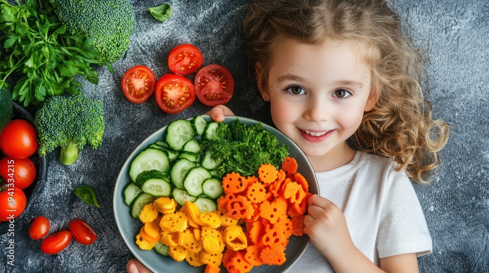 A playful plant-based kids' meal with bright colors and fun shapes to entice young eaters to enjoy their vegetables. A playful plant-based kids' meal with bright colors and fun shapes to entice young eaters to enjoy their vegetables.