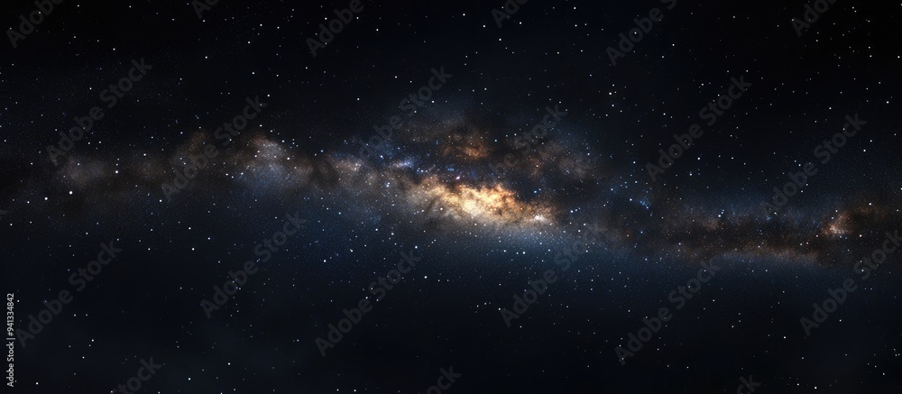 Naklejka premium Panorama view of a 3D cartoon rendering depicting the Milky Way galaxy with stars against a night sky backdrop