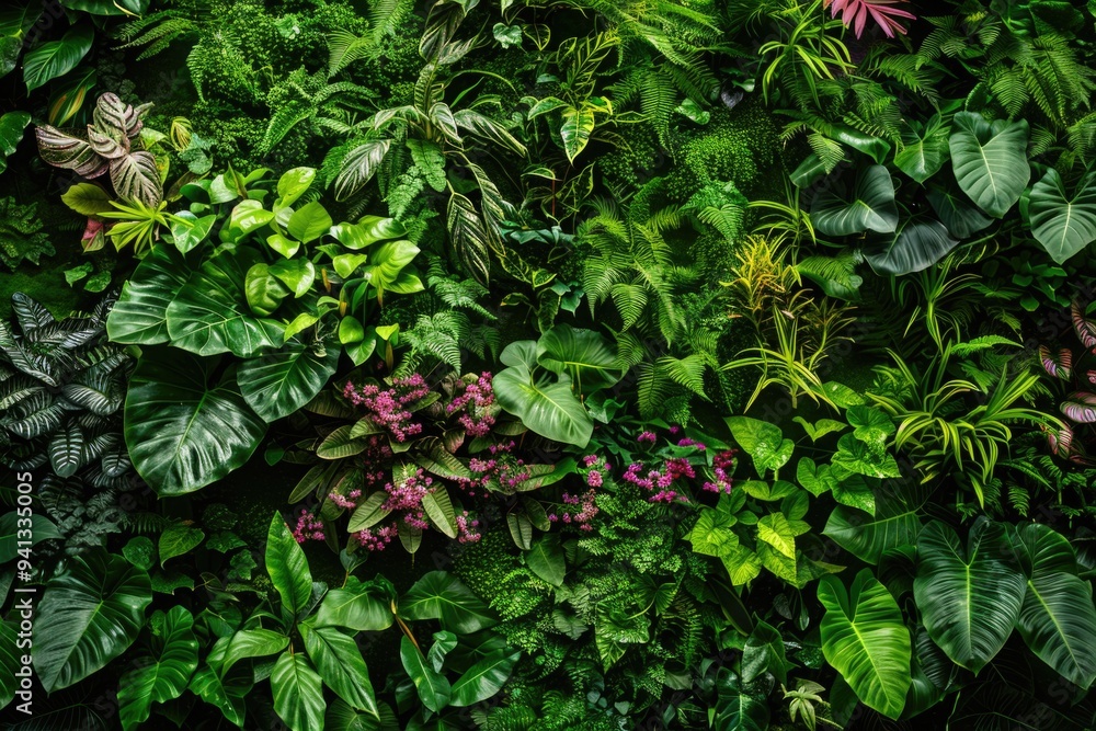 A lush and vibrant green wall covered in various plants and foliage