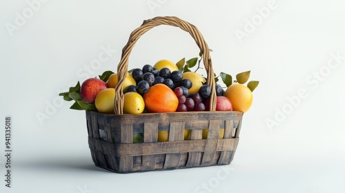 folorful fruits in wooden basket on the white background photo