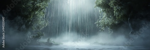 A fantasy landscape illustrating nature-technology fusion in the year 2025, illustrating a river turning into digital data streams.