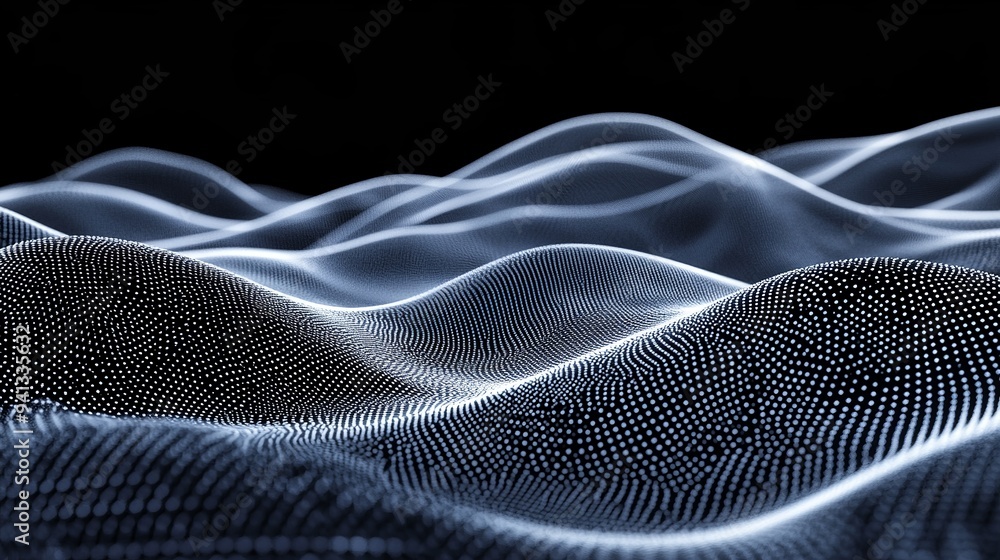 Naklejka premium Abstract 3D wave lines with flowing particles form smooth curves and blended mesh technology dots, creating a futuristic concept. 