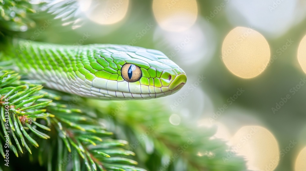 Fototapeta premium The new year celebration banner has a green snake on it, a festive background, and a blank greeting card on it