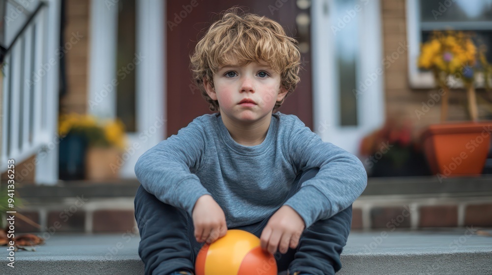 Fototapeta premium A young boy sitting on his front steps, kicking a ball back and forth with his foot, searching for something to spark his interest.