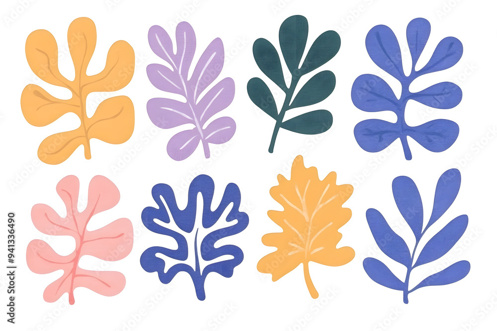 Obraz premium Leaves and plants simple shape flat design collection isolated on white