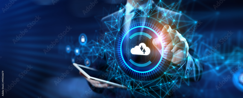 Obraz premium Cloud technology networking processing data storage. Businessman pressing button on screen.