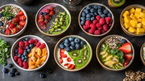 An assortment of innovative plant-based breakfast options, including smoothie bowls, vegan pastries, and fresh fruit.