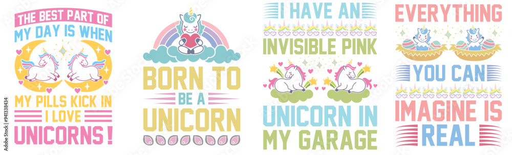Fototapeta premium Decorative Unicorn Hand Lettering, Typography Collection Vector Illustration for Postcard, Book Cover, T-Shirt Design