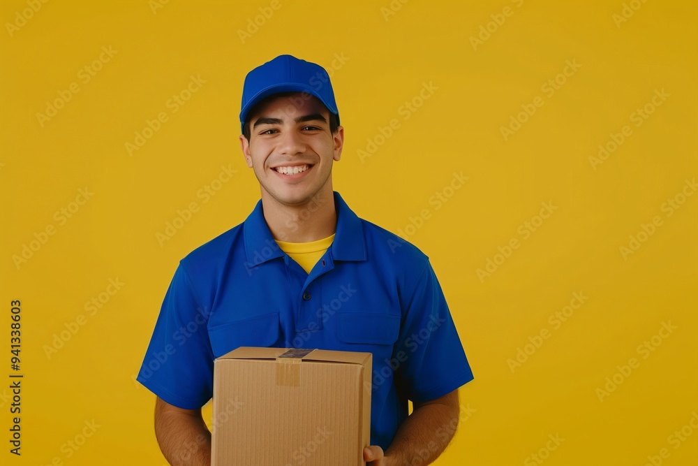 In this illustration, a male professional courier is seen smiling while holding a package against a bright yellow background, representing efficient delivery and exceptional customer service In this illustration, a male professional courier is seen smiling while holding a package against a bright yellow background, representing efficient delivery and exceptional customer service
