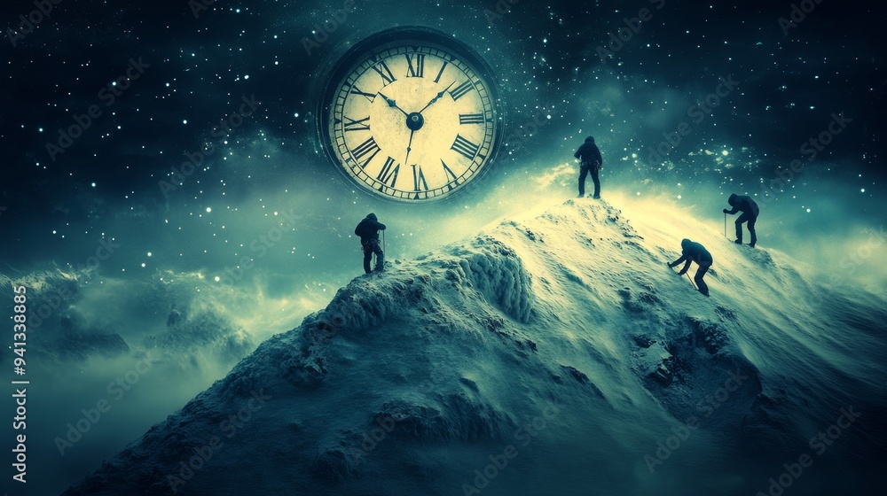 Naklejka premium Climbers celebrate at the peak with a projected countdown clock marking New Year's midnight.