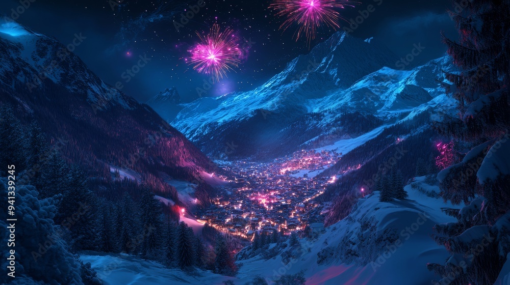 During the 2025 New Year fireworks display, a snowy mountain landscape is lit up with bright, vivid colors. During the 2025 New Year fireworks display, a snowy mountain landscape is lit up with bright, vivid colors.