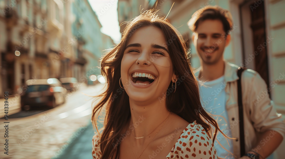 Fototapeta premium Happy woman on the street.