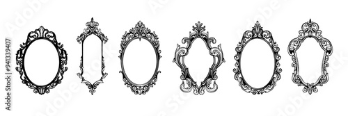 Gothic vintage frame set, vector royal baroque border, dark classic antique ornament, floral oval. Victorian elegant mirror, rococo magic ornate decoration with copy space. Wedding gothic frame kit