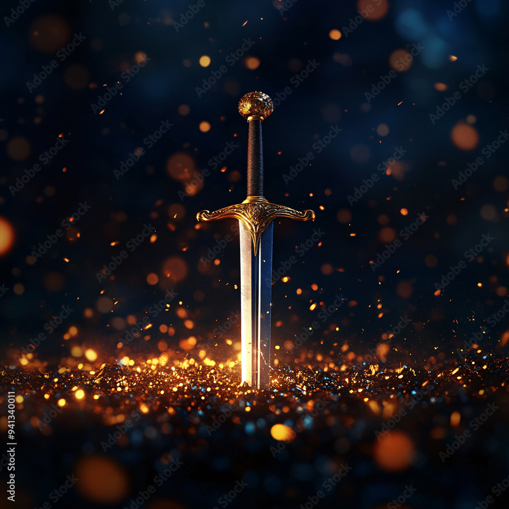 A sword is lit up in the dark, surrounded by sparks. Concept of danger and excitement, as if the sword is about to be used in battle. The sparks add to the dramatic effect A sword is lit up in the dark, surrounded by sparks. Concept of danger and excitement, as if the sword is about to be used in battle. The sparks add to the dramatic effect