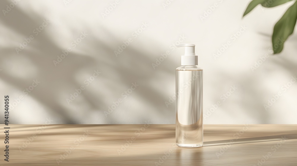 A mockup of an empty transparent facial cleansing bottle on a beige wooden table with a clean white background, showcasing a minimalist and elegant design....... A mockup of an empty transparent facial cleansing bottle on a beige wooden table with a clean white background, showcasing a minimalist and elegant design.......