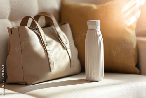 Reusable water bottle and tote bag resting on sofa