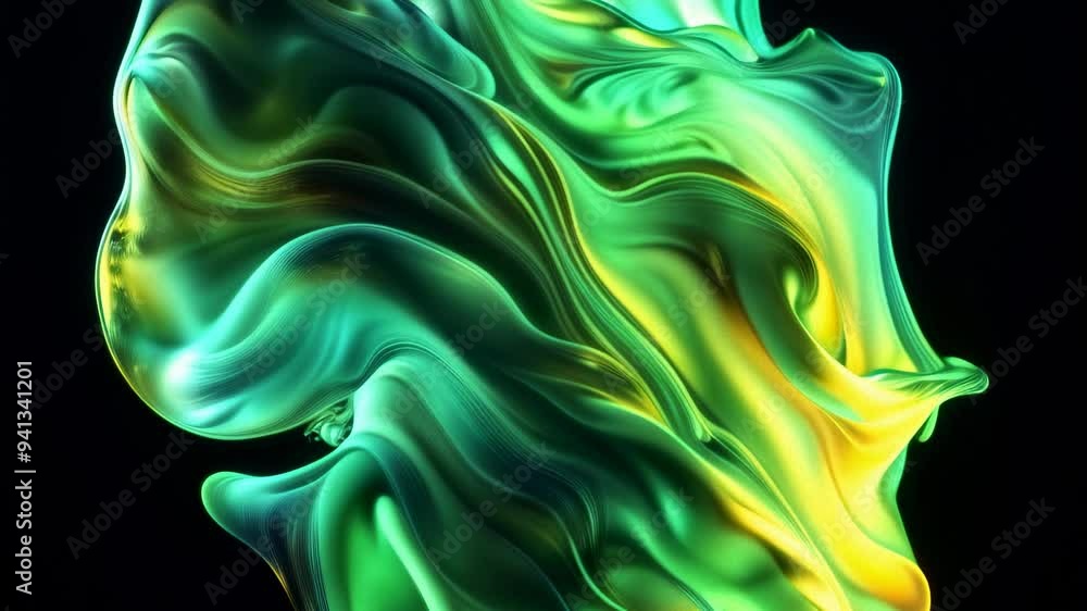 Abstract fluid shapes in vibrant green and yellow tones, flowing and twisting in a smooth and dynamic movement on a dark background Abstract fluid shapes in vibrant green and yellow tones, flowing and twisting in a smooth and dynamic movement on a dark background
