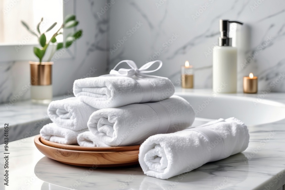 Stack of White Rolled Towels on a Wooden Tray in a Bathroom Stack of White Rolled Towels on a Wooden Tray in a Bathroom