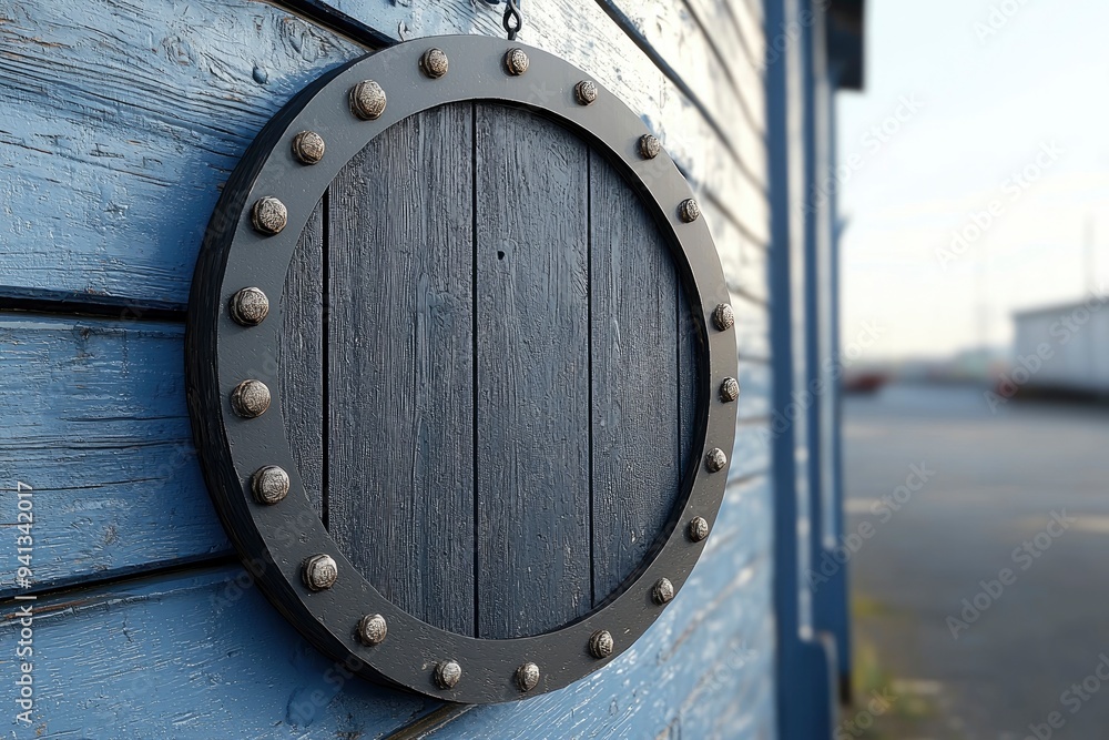 Round Wooden Sign with Metal Rivets on Blue Wall Round Wooden Sign with Metal Rivets on Blue Wall