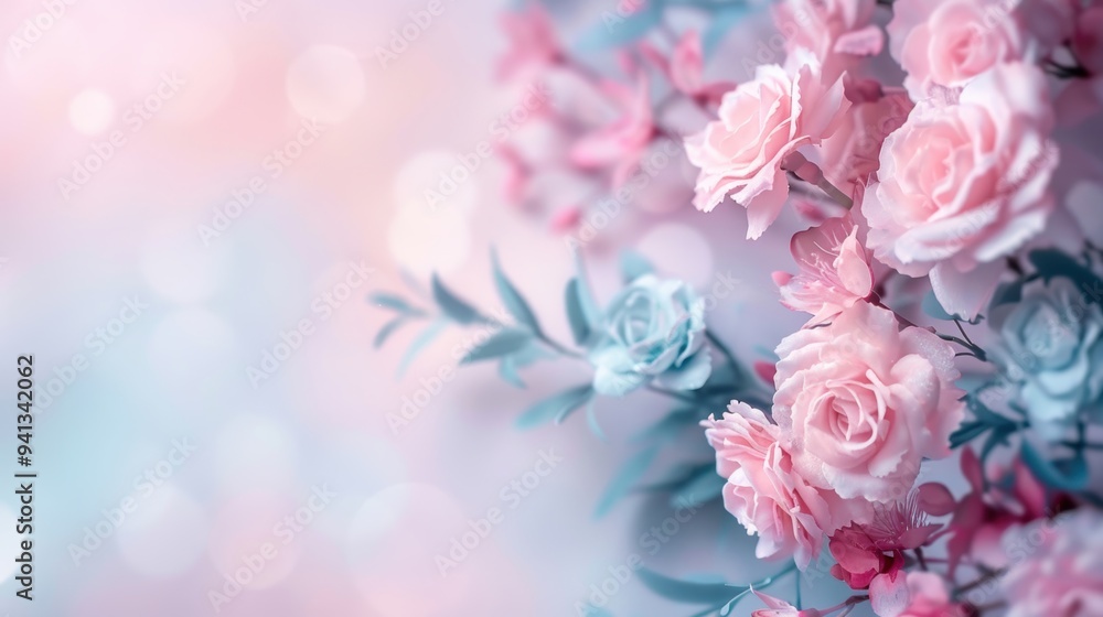 A beautiful arrangement of pink roses with a soft pastel background, creating a dreamy and romantic atmosphere. A beautiful arrangement of pink roses with a soft pastel background, creating a dreamy and romantic atmosphere.