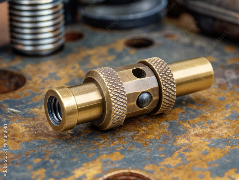 A brass nut sits on a rusty surface. The nut is gold in color and has a black ball inside. The rusty surface gives the image a vintage and worn appearance A brass nut sits on a rusty surface. The nut is gold in color and has a black ball inside. The rusty surface gives the image a vintage and worn appearance