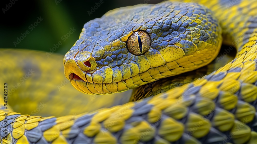 Fototapeta premium This image features a close-up of a yellow and white snake surrounded by blurred greenery.