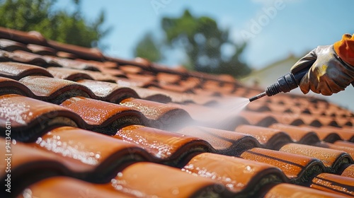 Wallpaper Mural A person cleaning a tiled roof with a pressure washer on a sunny day. Torontodigital.ca