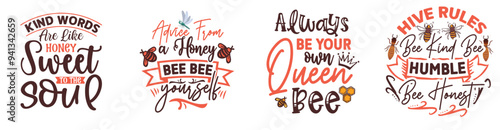Elegant Bee Quotes, Inscriptions Pack Vector Illustration for Poster, Vouchers, Brochure