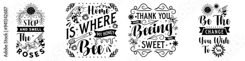 Cute Bee Quotes, Typographic Emblems Collection Vector Illustration for Poster, Advertising, Label