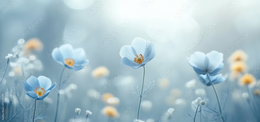 Dreamy Blue and Yellow Wildflowers in a Misty Field Dreamy Blue and Yellow Wildflowers in a Misty Field