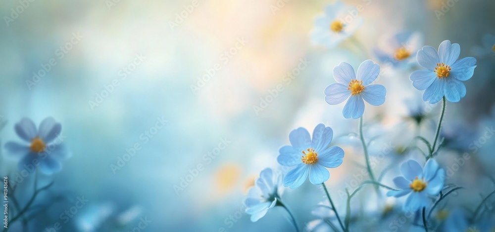 Obraz premium Dreamy Blue and Yellow Wildflowers in a Misty Field