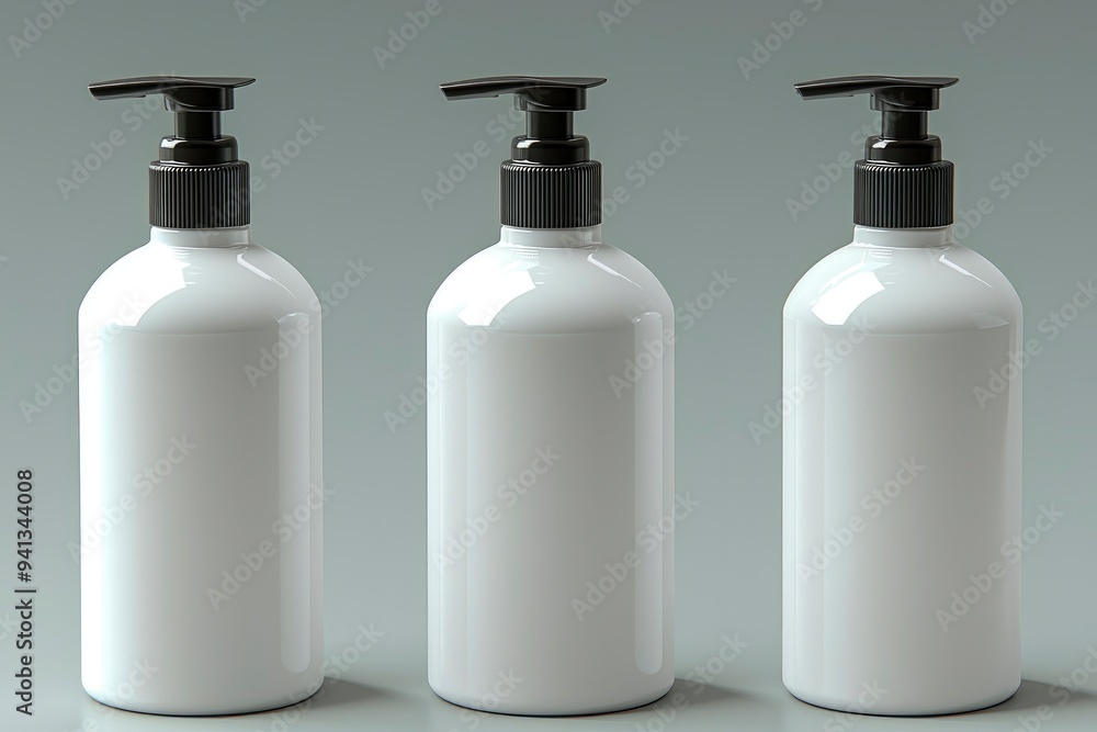 Three White Pump Bottles with Black Caps Three White Pump Bottles with Black Caps