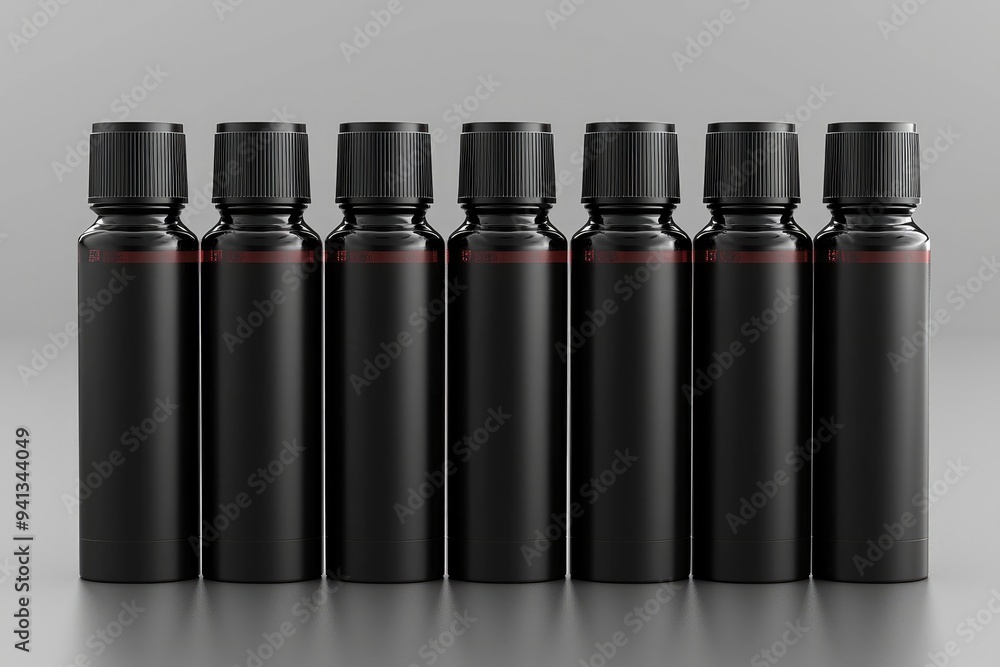 Row of Black Glass Bottles with Black Caps Row of Black Glass Bottles with Black Caps