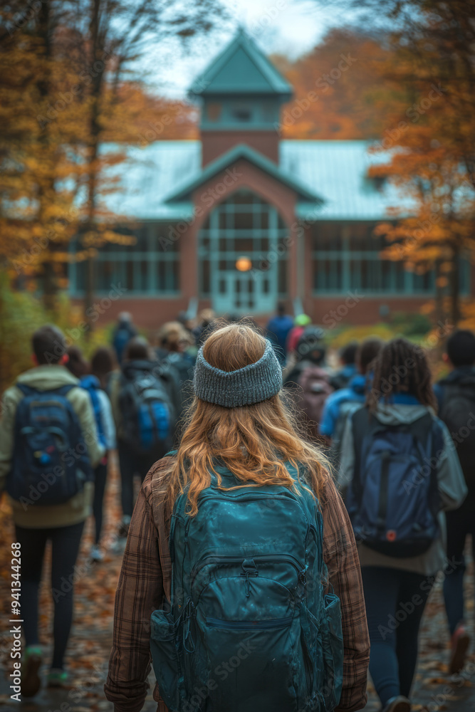 A group of excited students walking towards a school building as the first bell rings, A group of excited students walking towards a school building as the first bell rings,