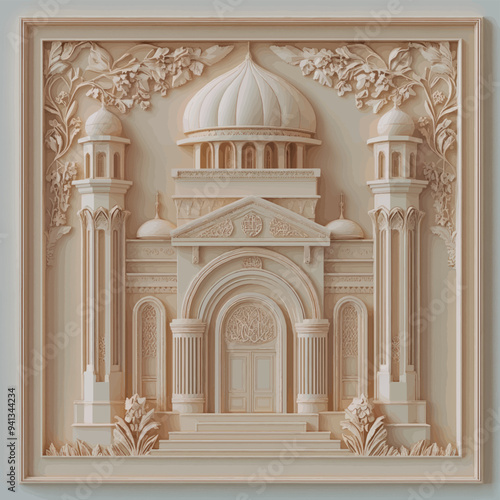 3D bas-relief of a synagogue, vector, close-up in vanilla and beige tones. Religion and inspiration. Resource, sketch, template for creativity, creative interior decor, exterior facade decor, printing