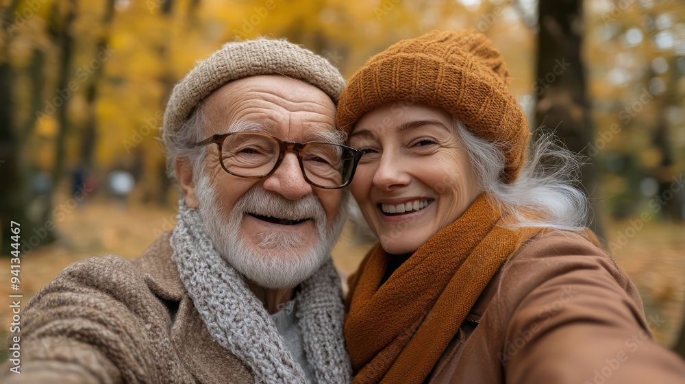 An elderly couple takes a selfie with a smartphone. Use modern technology to capture sweet moments together.