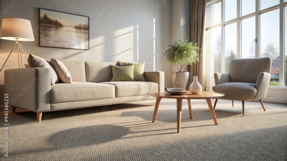 Softly lit minimalist modern interior scene featuring grey carpet texture mixed with beige furniture legs subtle shadows warm natural light and gentle blur creative contrast Softly lit minimalist modern interior scene featuring grey carpet texture mixed with beige furniture legs subtle shadows warm natural light and gentle blur creative contrast