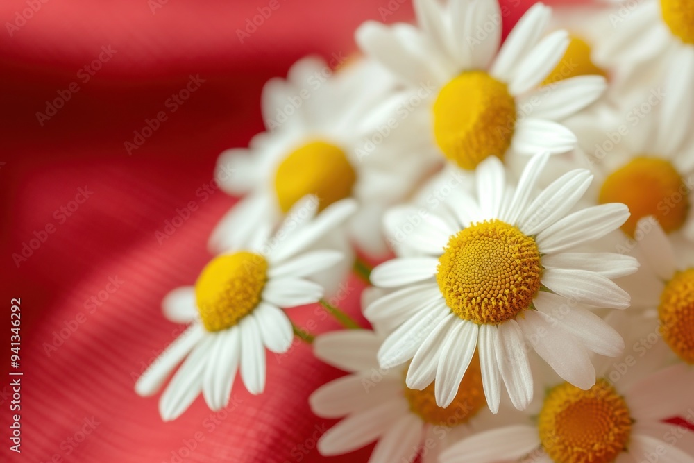Close-Up of Chamomile Flowers on Red Cloth Close-Up of Chamomile Flowers on Red Cloth