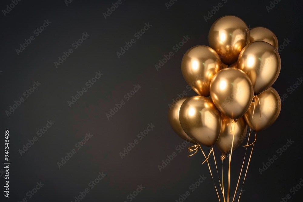 A sophisticated ambience is set by elegant gold balloons gathered against a dark backdrop. Shiny metallic balloons enhance the decor with a touch of glamour, perfect for a celebration A sophisticated ambience is set by elegant gold balloons gathered against a dark backdrop. Shiny metallic balloons enhance the decor with a touch of glamour, perfect for a celebration