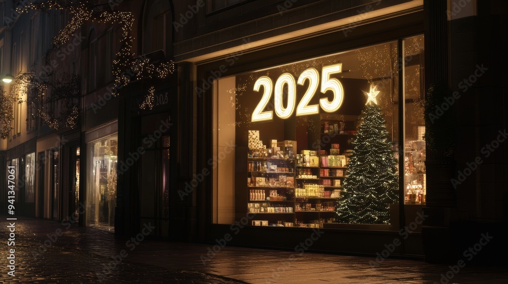 Fototapeta premium It features a festive display with bright lights, holiday decorations, and festive gifts, inviting customers to explore the store's festive offerings and to celebrate the new year and Christmas in