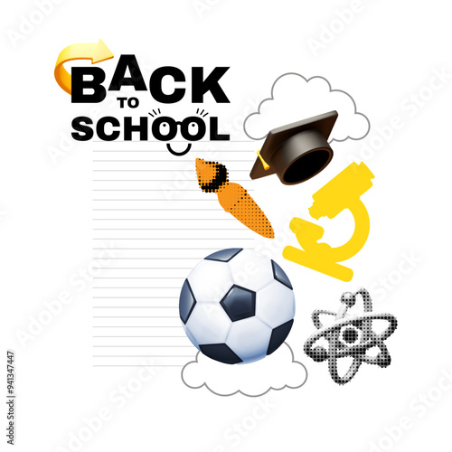 Back to School halftone design template with graduate hat, soccer ball, microscope, art brush and atom.