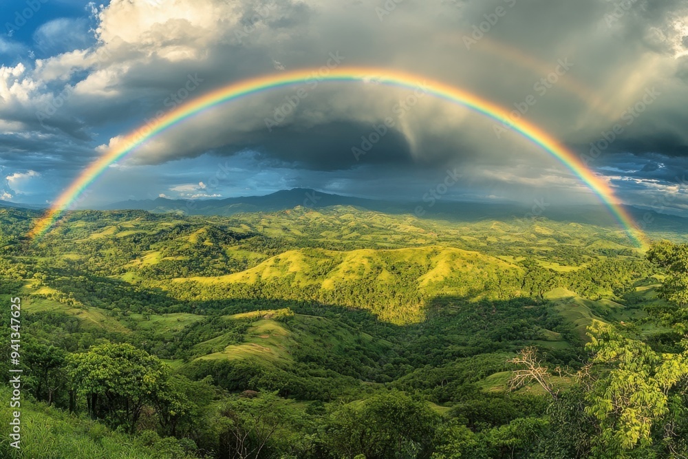 Scenic Landscape with Rainbow Over Rolling Hills and Valleys Scenic Landscape with Rainbow Over Rolling Hills and Valleys