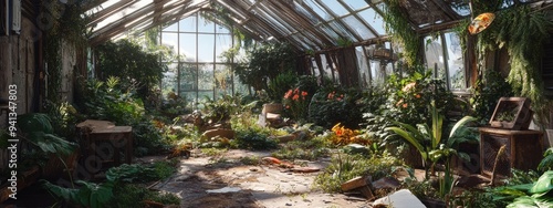 3D rendering of a neglected agricultural greenhouse filled with clutter and overgrown vegetation photo